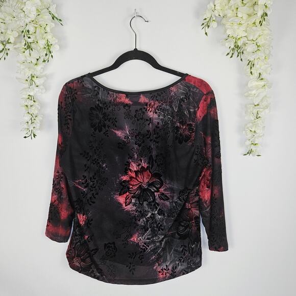 Cato Floral Red Black Burnout Top Sz Large Sheer Gothic Romantic Stretch Blouse - Picture 2 of 14